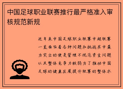 中国足球职业联赛推行最严格准入审核规范新规 中国足球职业联赛推行最严格准入审核规范新规